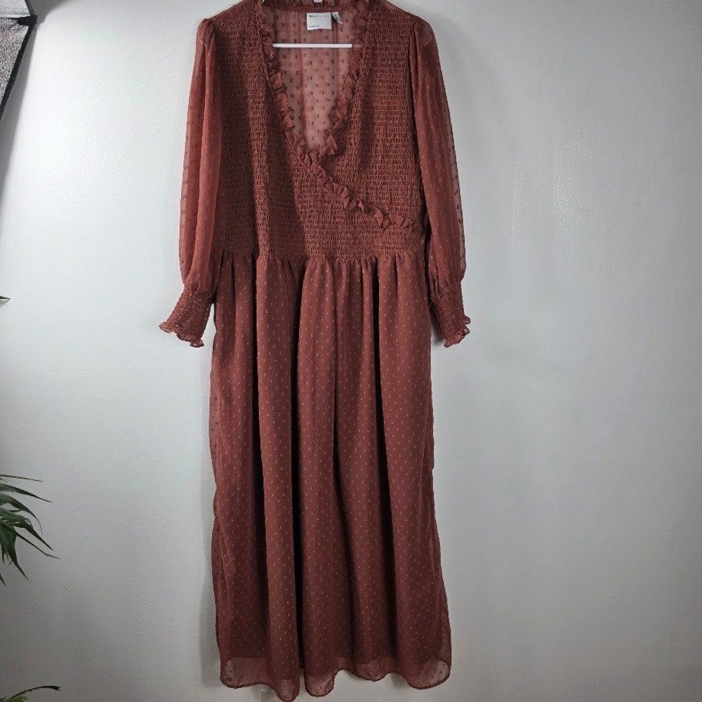 ASOS DESIGN Brown Swiss Dot Ruffle V‎ Neck Long Sleeve Maxi Dress Plus Size
